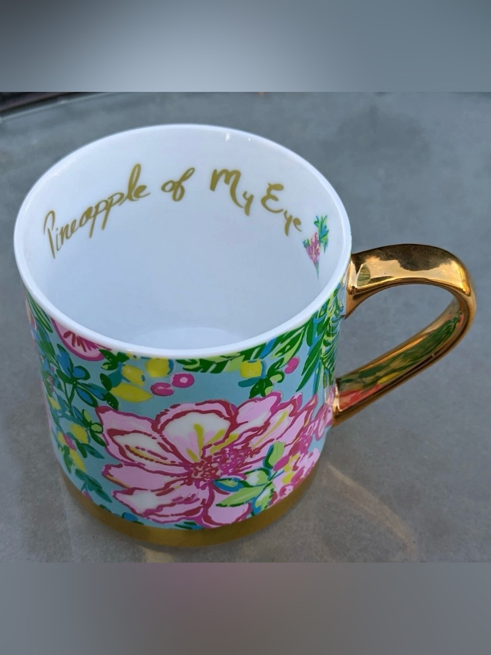 Lilly Pulitzer Floral Coffee Mug Fruity Flamingo Pineapple of My Eye Pink Blue